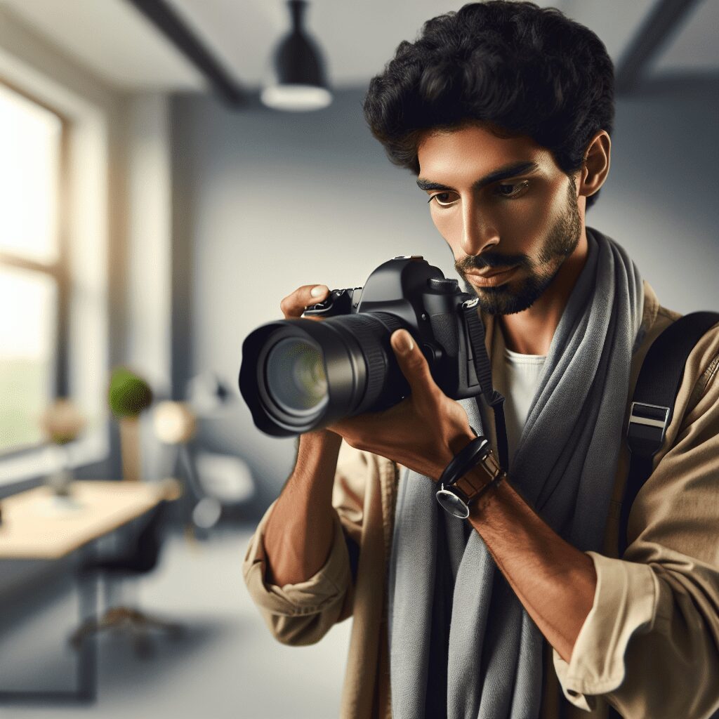 צלם מקצועי מצלם בסטודיו מודרני עם מצלמת DSLR, ממחיש תהליך בחירת צלם תמונות איכותי לצילום סטילס מקצועי.