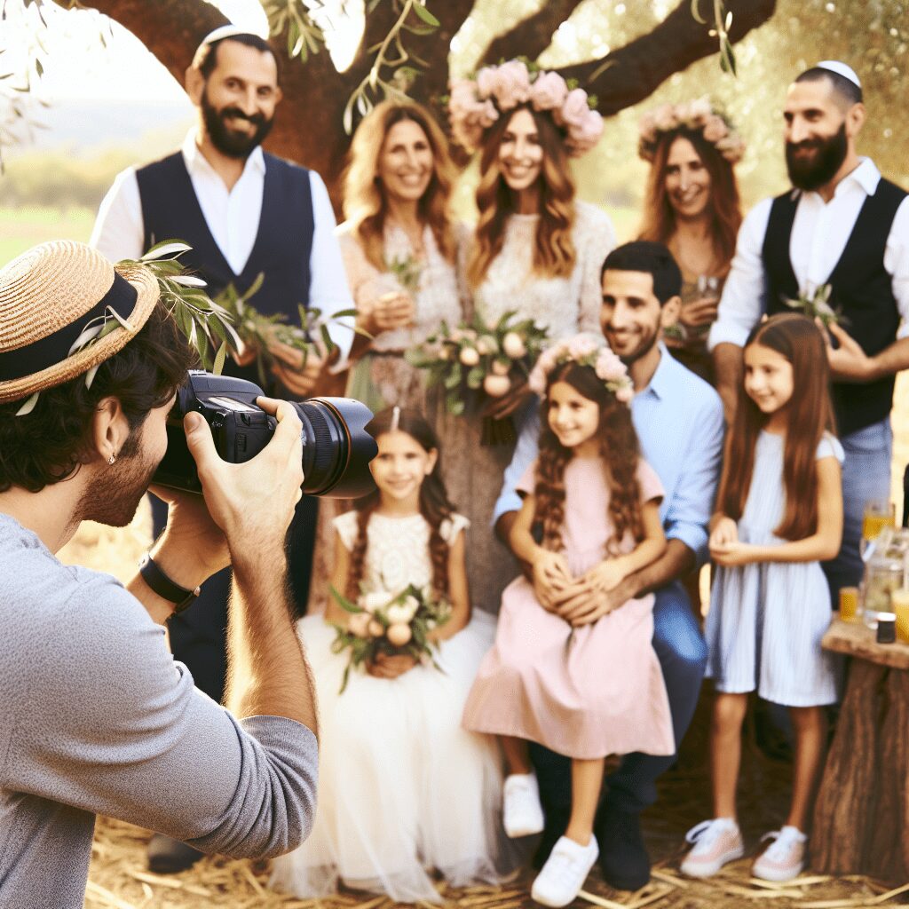 משפחה מחייכת בחיק הטבע בזמן צלם בת מצווה מקצועי מצלם אותם, ברקע נערה חוגגת בת מצווה, תמונה הממחישה צילום תמונות משפחתיות איכותי ושירות צלם בת מצווה במחיר משתלם