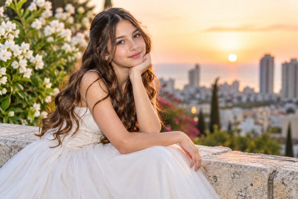בוק בת מצווה בנתניה – נערה בשמלה לבנה בצילום חוץ