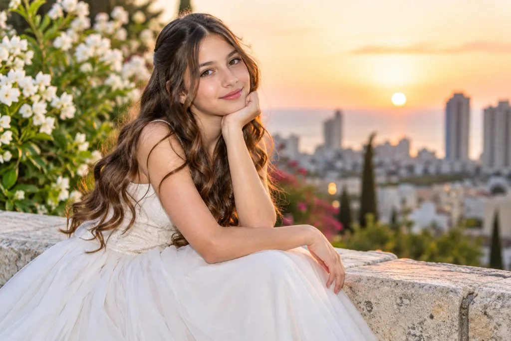 בוק בת מצווה בנתניה – נערה בשמלה לבנה בצילום חוץ