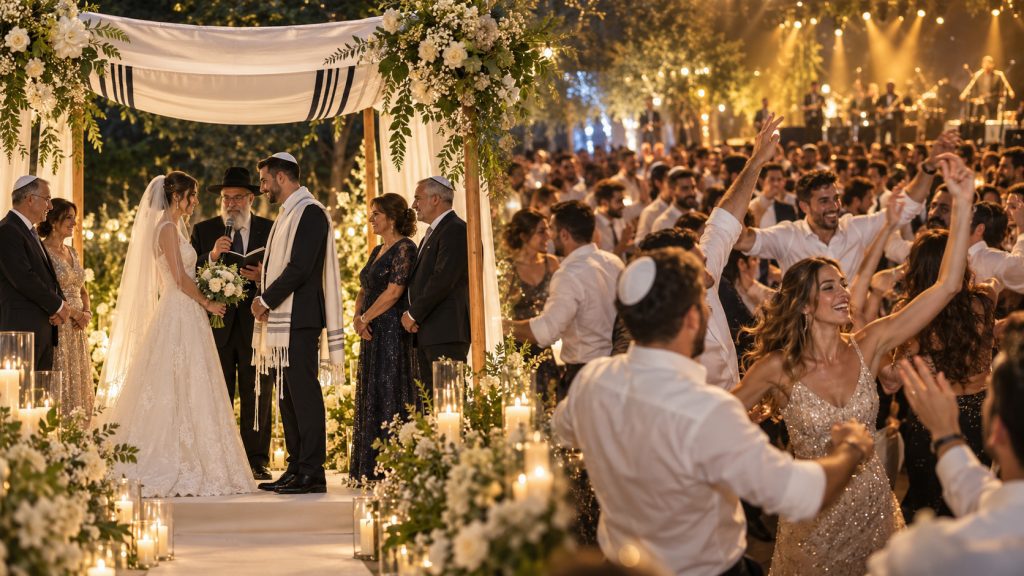 חתונה ישראלית עם משפחה, חופה ורחבת ריקודים