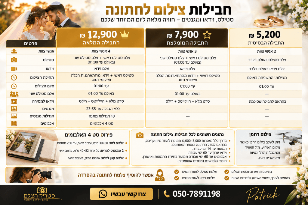 השוואת חבילות צילום לחתונה – מחירים 5,200, 7,900 ו-12,900 ₪