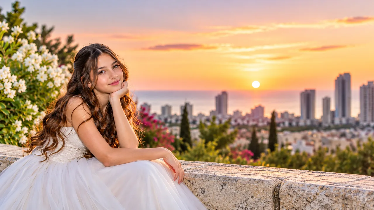 בוק בת מצווה – נערה בשמלה לבנה על רקע שקיעה